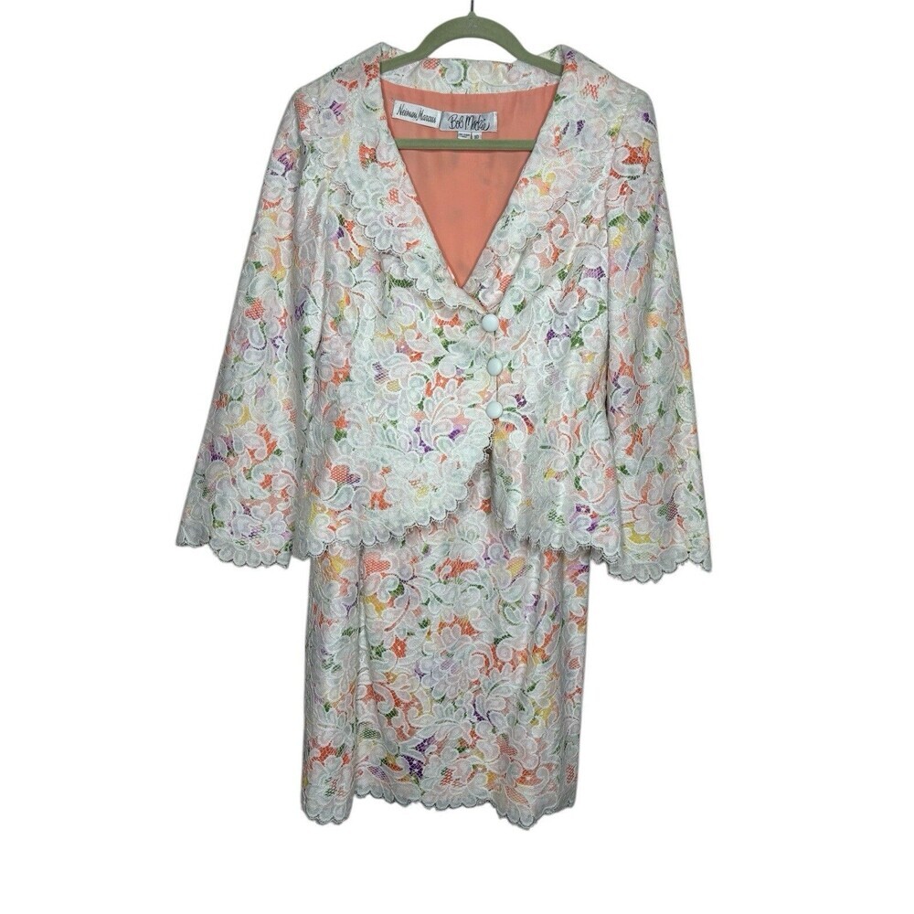Vtg Mackie by Bob Mackie Applique Designer Lace Dressy Suit Rainbow 80's Sz 10